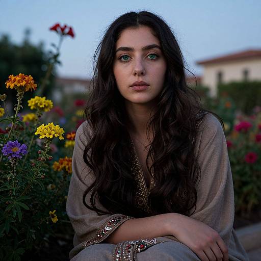 Photograph of a young woman with long, wavy dark brown hair, green eyes, and fair skin, wearing a sheer, gray, embroidered top