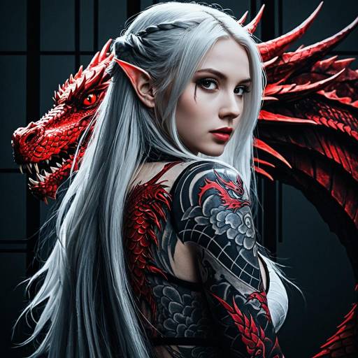 Neo Realistic Anime Woman with Red Dragon Tattoo