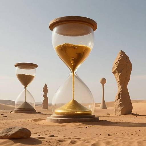 Photorealistic image of three hourglasses in a desert, with rock formations and a clear sky. Golden sand flows in the foreground hourglass.