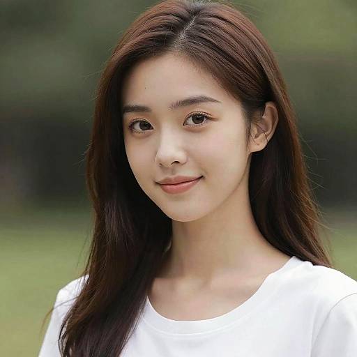 Photograph of a young Asian woman with long brown hair, light skin, and brown eyes, wearing a white shirt, smiling softly outdoors.