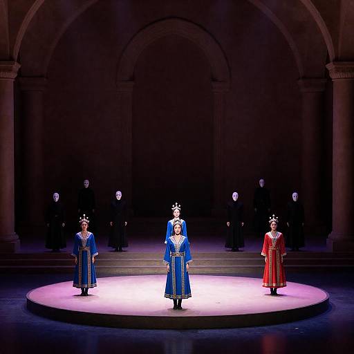Arched Hall Ritual: Colorful Stage Performance