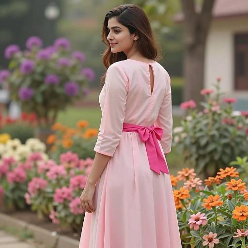 Woman in Pink Dress with Bow in Garden