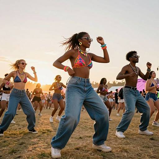 Photograph of diverse group dancing at sunset; foreground features a black woman in colorful bikini top, blue jeans, and white sneakers. Background shows other dancers