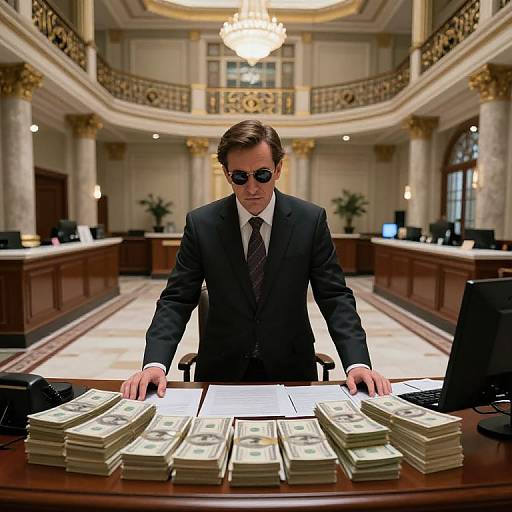 Corrupt Banker Amidst Cash Stacks