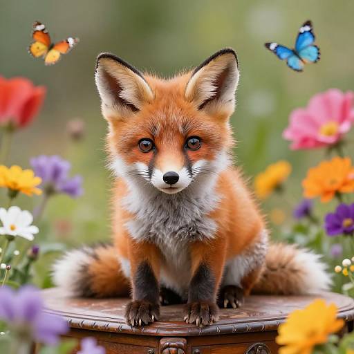 Photograph of a fluffy, orange fox cub with black-tipped ears, white underbelly, sitting on a wooden stump surrounded by colorful flowers and