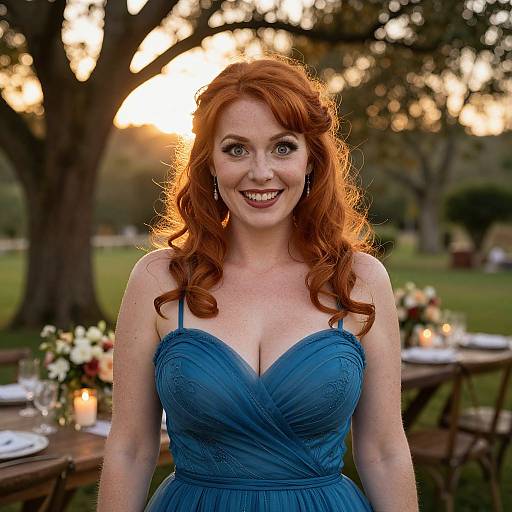 Photograph of a smiling red-haired woman with fair skin, wearing a blue, strapless, sweetheart-neck gown, standing outdoors at sunset with candlelit