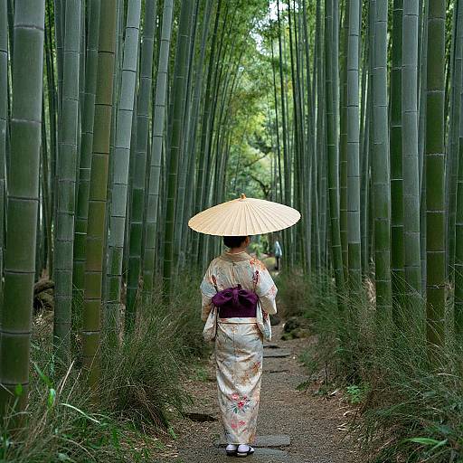Photograph of a woman in a white kimono with floral patterns, holding a traditional Japanese umbrella, walking through a dense bamboo forest.