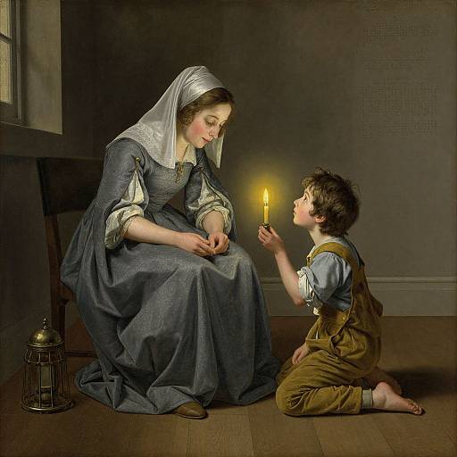 Photograph-style painting of a woman in a blue dress and white headscarf, sitting on the floor, holding a candle as a young boy kne
