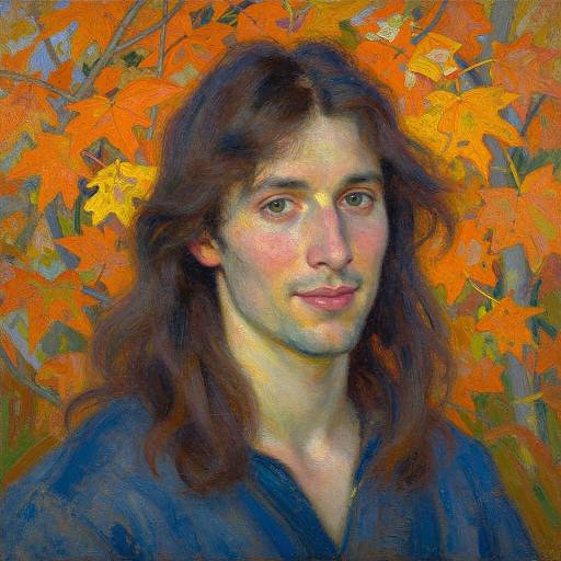 Vibrant digital painting of a young man with long brown hair, fair skin, and blue eyes, set against an autumnal orange and yellow leaf
