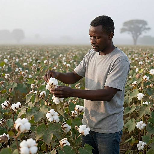 Photograph of a Black man in a gray t-shirt, picking white cotton in a vast, misty field with green plants and distant trees.
