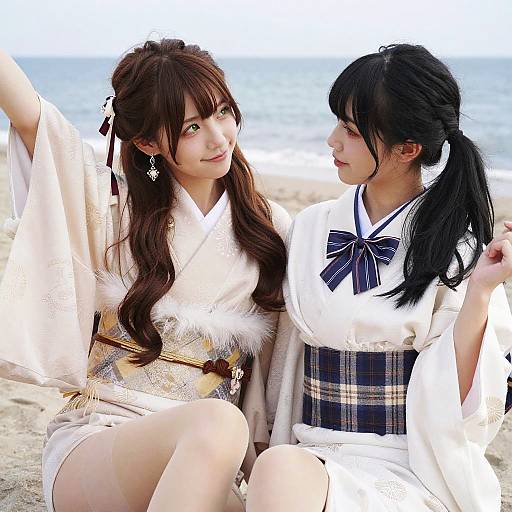 Photograph of two Asian women in traditional Japanese attire, sitting on a sandy beach. One has long brown hair, white kimono with fur, and