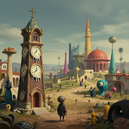 Whimsical digital painting of a surreal town with a clock tower, mosque, and colorful buildings, featuring small figures and fantastical plants.
