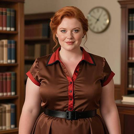Plus Size Woman in Brown Satin Dress in Library