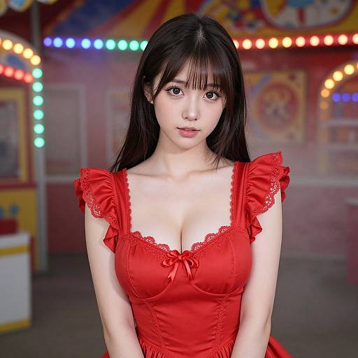Photorealistic digital image of a young Asian woman with long black hair, wearing a red, lace-trimmed dress, standing in a colorful carnival