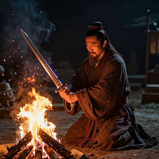 Photograph of a bearded Asian man in traditional dark robe, kneeling by a campfire, holding a sword, at night.