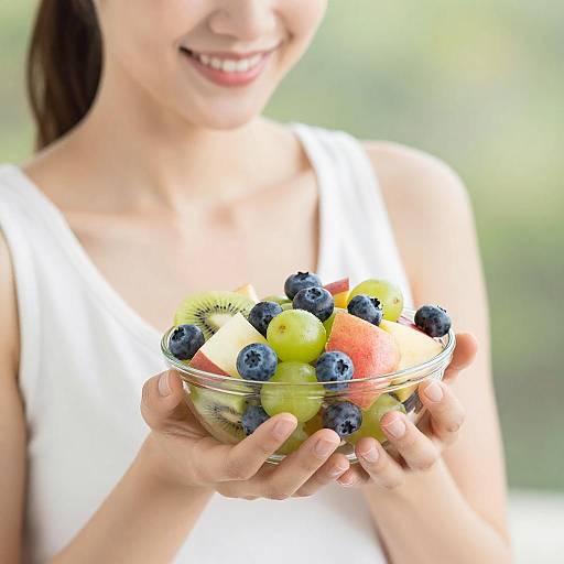 Smiling Woman Holding Colorful Fruit Salad
