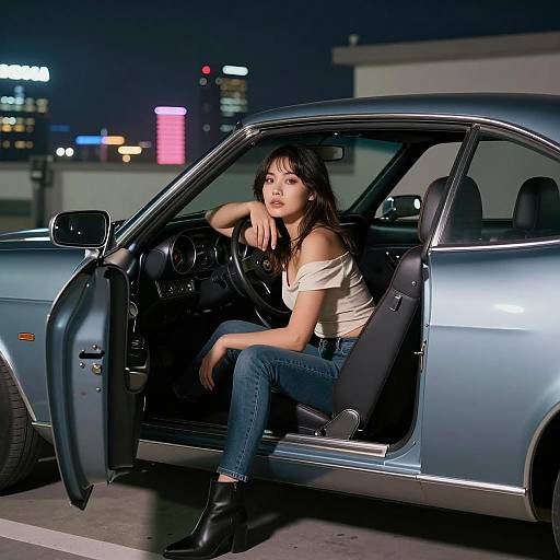 Cinematic Scene of Stylish Woman in Car
