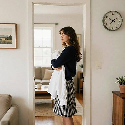 Woman Standing in Doorway Holding Shirt