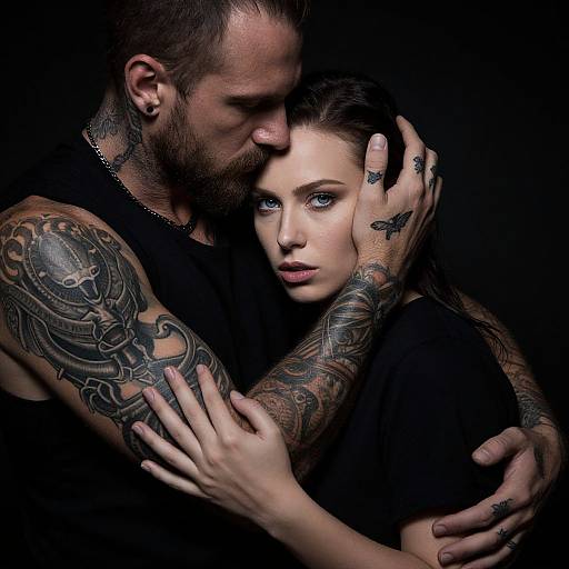 Photograph of a tattooed, bearded man intimately embracing a pale-skinned, blue-eyed woman with dark hair, against a black background.