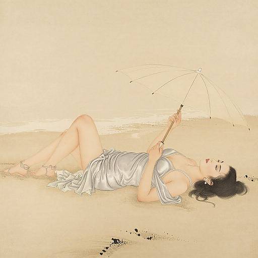 Digital illustration of a woman with dark hair, lying on beige sand, holding a small umbrella, wearing a white, draped dress.