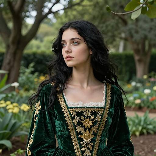 Photograph of a fair-skinned woman with long black hair, wearing an ornate green velvet gown with gold embroidery, standing in a lush garden with