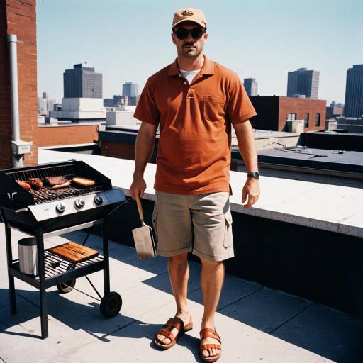 Man grilling on urban rooftop