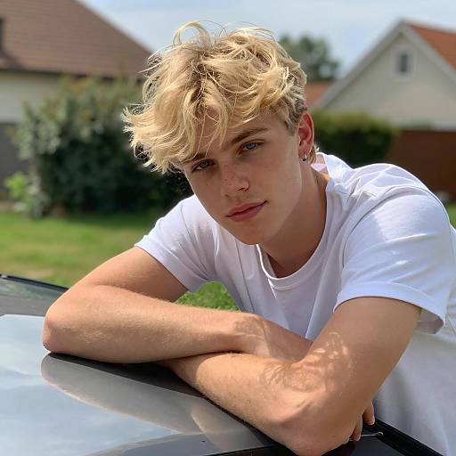 Casual Young Man by Car in Sunlight