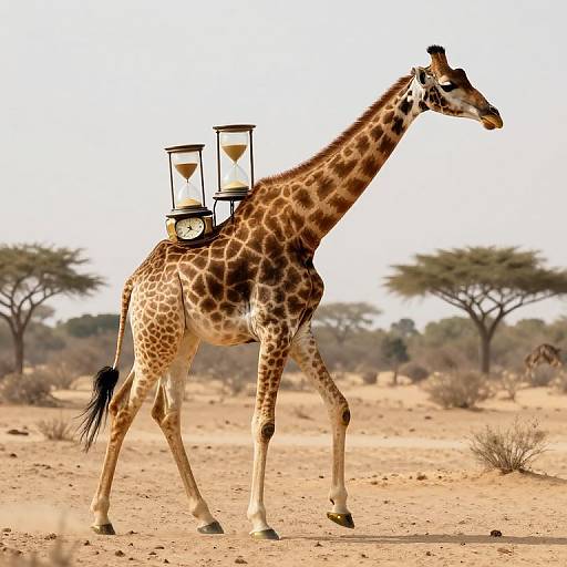 Photograph of a giraffe in a sunlit savannah, carrying two lanterns on its back, with acacia trees and sparse vegetation in the