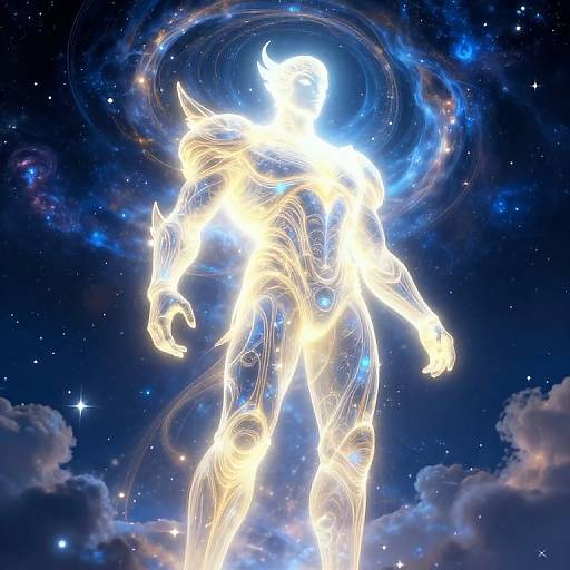 Glowing, ethereal, muscular figure with horned head, surrounded by swirling cosmic blue and white energy, set against a starry night sky