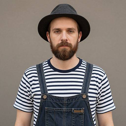 Photograph of a bearded man with a dark hat, wearing black denim overalls over a black-and-white striped shirt, against a plain gray background