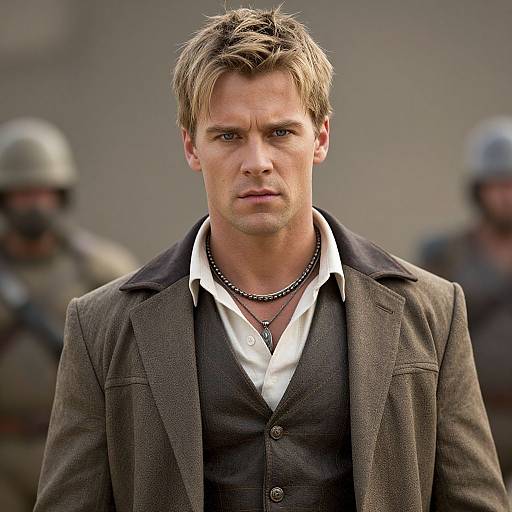 Photograph of Chris Hemsworth in a serious expression, wearing a dark gray suit, white shirt, black chain necklace, with blurred soldiers in helmets in