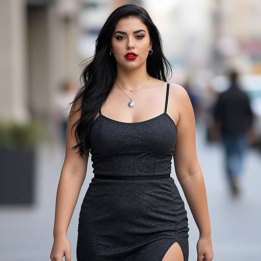 Photograph of a confident Latina woman with long black hair, red lipstick, wearing a sparkling black spaghetti-strap dress and necklace, walking down a blurred