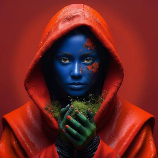 Mystical Woman with Blue Face Paint in Red Hood
