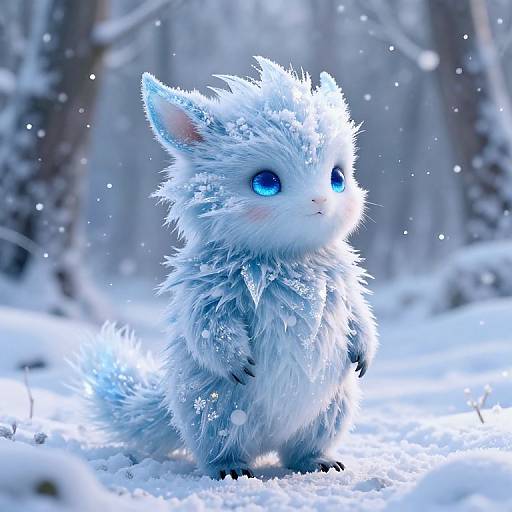 Digital art of a cute, fluffy, blue and white snow-covered feline with bright blue eyes, standing in a snowy forest.