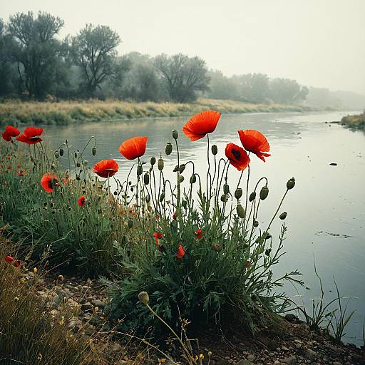 Red poppies on misty riverbank