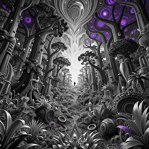 Surreal digital artwork of a dense, fantastical forest with intricately detailed black and white trees, vibrant purple glowing patterns, and a small,