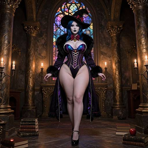Digital art of a curvy, pale-skinned woman in dark, gothic lingerie and fur-trimmed coat, standing in an ornate,