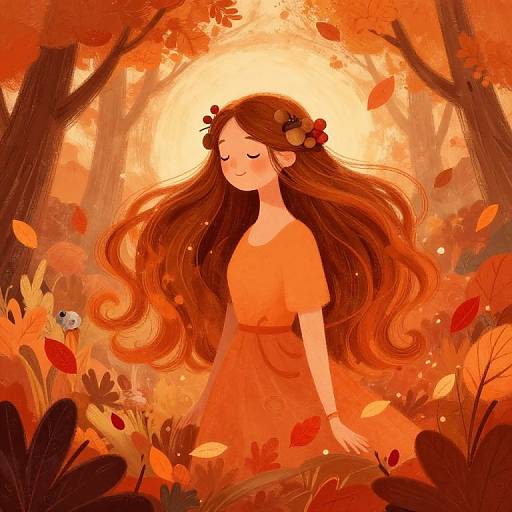 Digital illustration of a serene, long-haired woman in an orange dress, surrounded by an autumn forest with glowing, orange leaves.