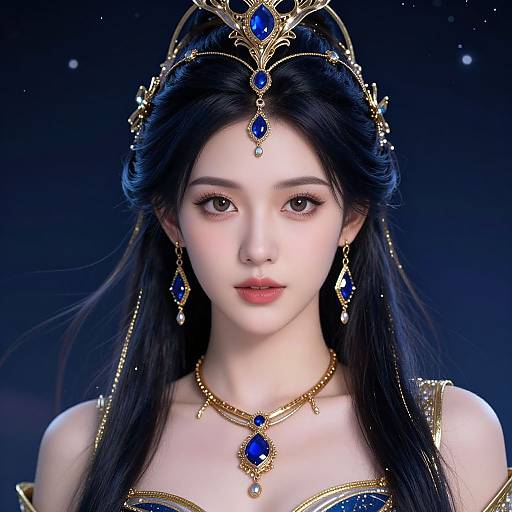 Digital artwork of an ethereal Asian woman with pale skin, black hair, and blue eyes, adorned in gold and blue jewelry, wearing a regal