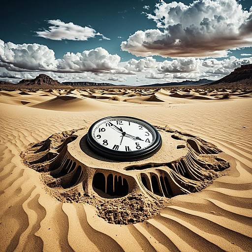 Melting Clock in a Surreal Desert Landscape