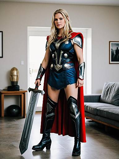 Blonde Female Thor Costume Indoors