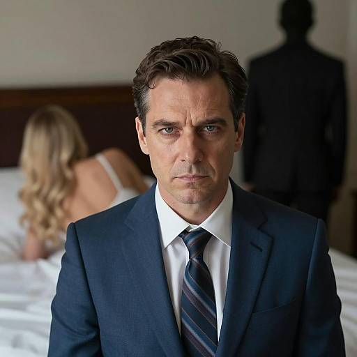 Serious man in suit with mysterious figures in background