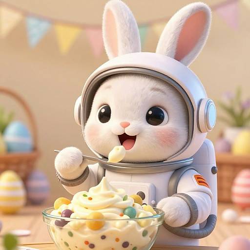 Cosmonaut Bunny Enjoying Easter Feast