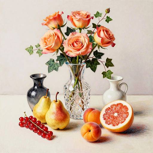 French Impressionist Still Life with Roses and Fruits