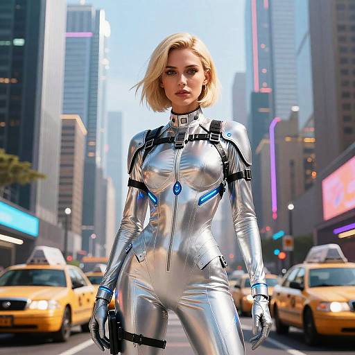 Futuristic Blonde Woman in Silver Bodysuit