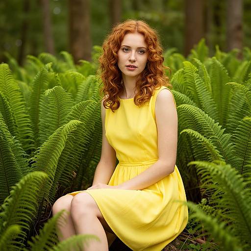 Photograph of a fair-skinned red-haired woman with curly hair, wearing a bright yellow sleeveless dress, sitting amidst lush green ferns in a
