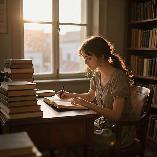 Photograph of a young woman with long brown hair in a ponytail, wearing a gray blouse, writing in a journal at a sunlit wooden desk