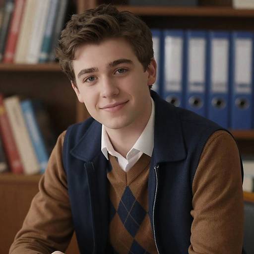 Young Man Posed with Bookshelf Background