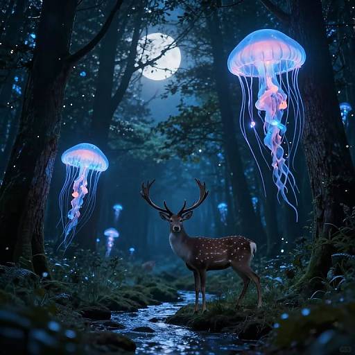 Fantasy forest scene: majestic deer with antlers stands by glowing blue jellyfish in moonlit forest, ethereal lights, mystical atmosphere. Digital art