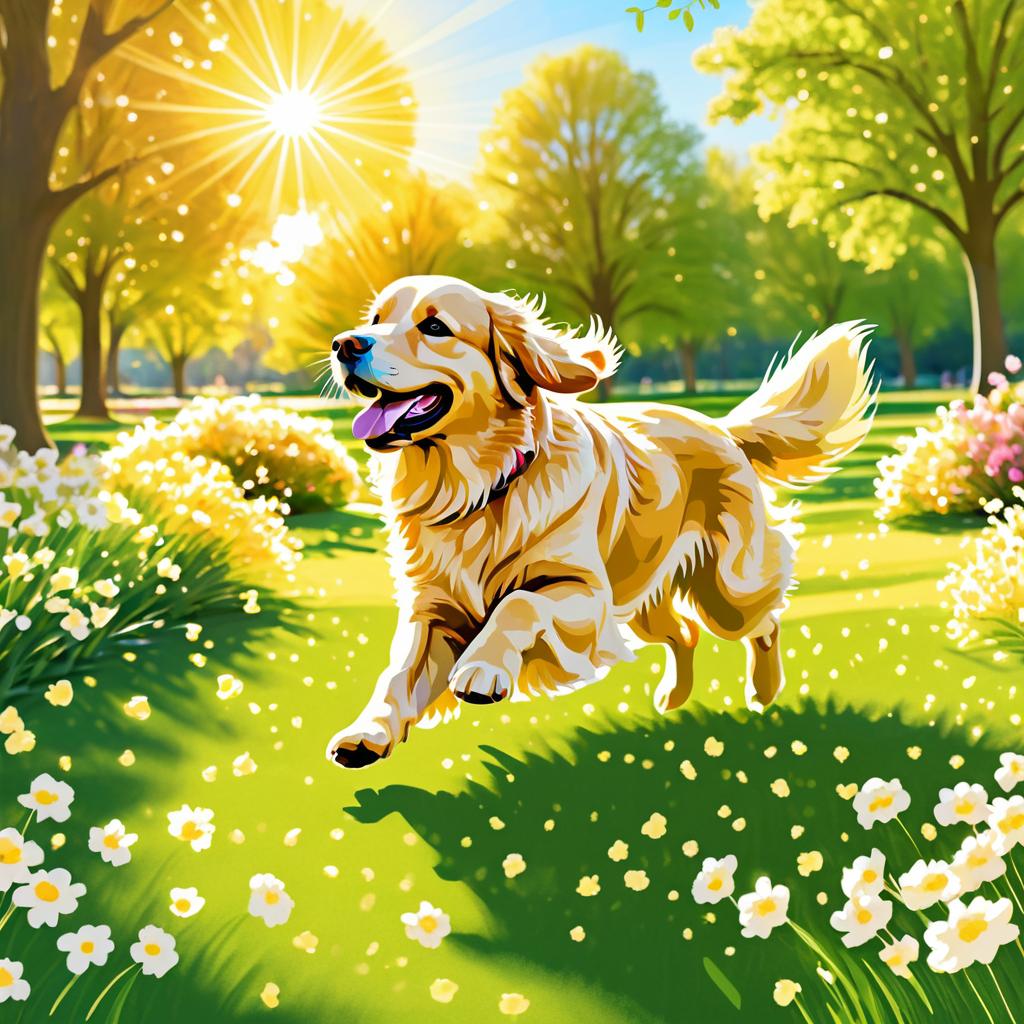 Golden Retriever Joyfully Fetching in Bloom